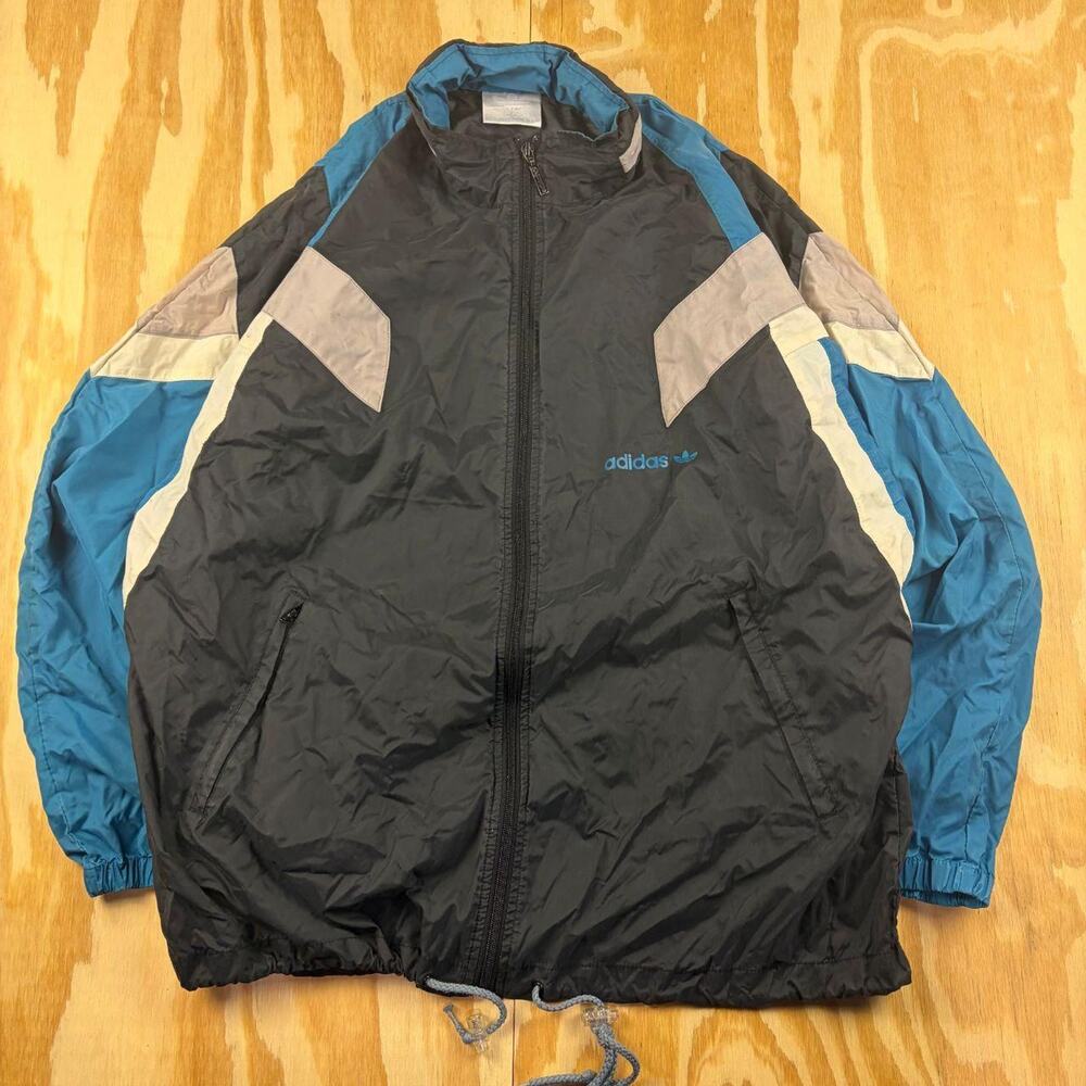 Vintage 80s Adidas Hooded Windbreaker Track Jacket – Blue/Black/Grey – Men’s L